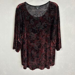 Karen Kane plus size 3X top burnout velvet paisley burgundy black 3/4 sleeve